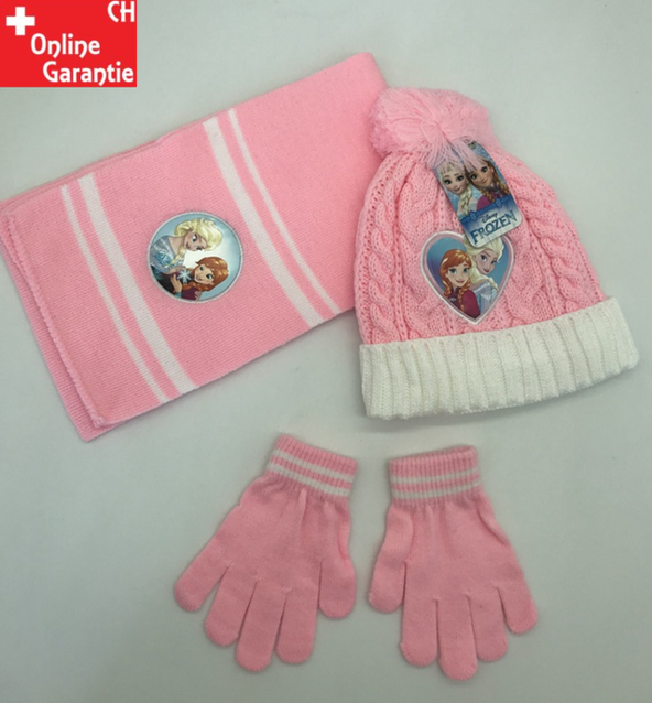 Disney Die Eisknigin Frozen Mdchen Mtze, Schal und Handschuhe Set, Wintermtzen fr Kinder mit Anna und Elsa, warm, bequem, Bommelmtze Weihnachtsgeschenk fr Mdchen Rosa Pink