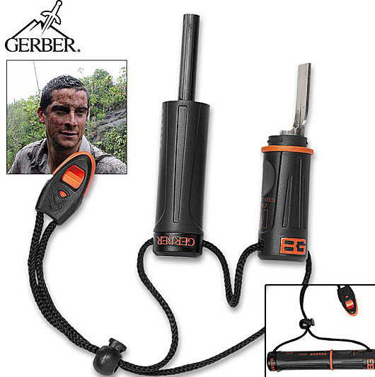 Gerber Bear Grylls Feuerstarter Feuerstein mit wasserdichtem Zunderlage Inklusive Notfallpfeife