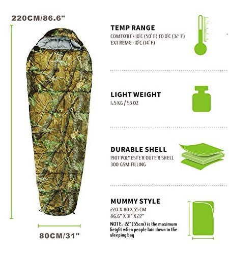 Militr Schlafsack Mumien Style Camouflage Mumienschlafsack Schlack Sack Matte Camping Outdoor Festival Konzert Wald Berge Jagd Tarn getarnt ca. 220 * 80cm vier Jahreszeiten geeignet