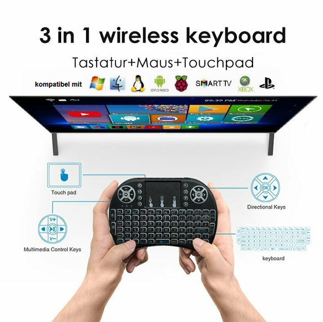 Mini Funk Tastatur Schweiz QWERTZ Keyboard Wireless 2.4 GHZ TV Smartphone Android iOS Hintergrundbeleuchtung Wireless