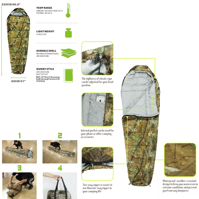 Schlafsack Mumienschlafsack flecktarn Camping Militr -10C Zelt Neu Jagd Zubehr Mumien Schlaf Sack Camouflage Camoflage 4 Jahreszeiten geeignet