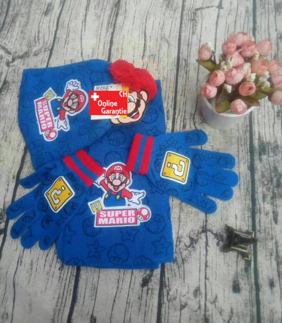 Super Mario Bros. Fan Set 3 tlg Set bestehend aus: Schal, Mtze und Handschuhe Kind Kinder Fan